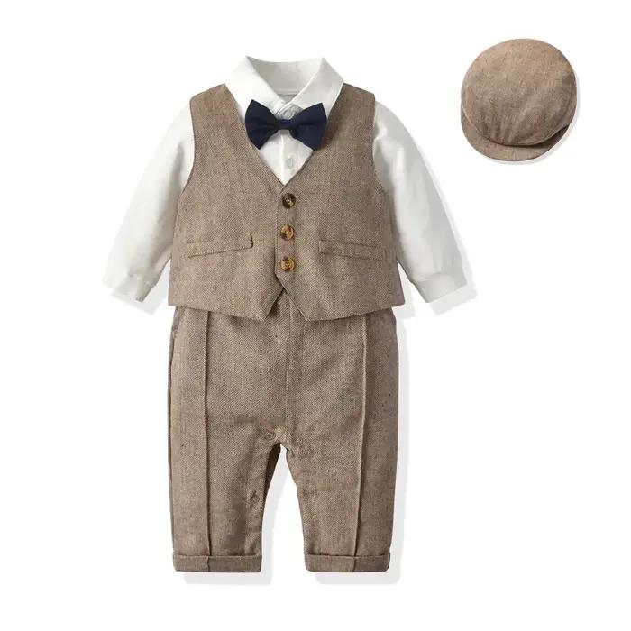 Costume Gentleman pour Bébé Garçon Veste Barboteuse Chapeau Tenue Printemps Automne Occasions Spéciales