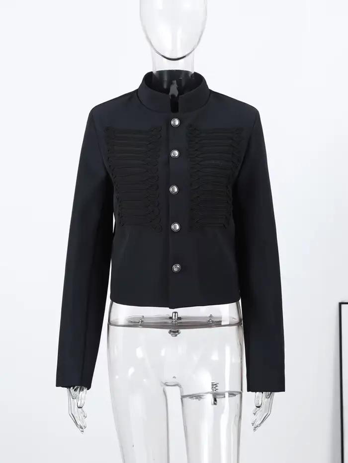 Veste Vintage Femme Col Montant Simple Boutonnage Manches Longues Style Napoléon Manteau Chic Haut d