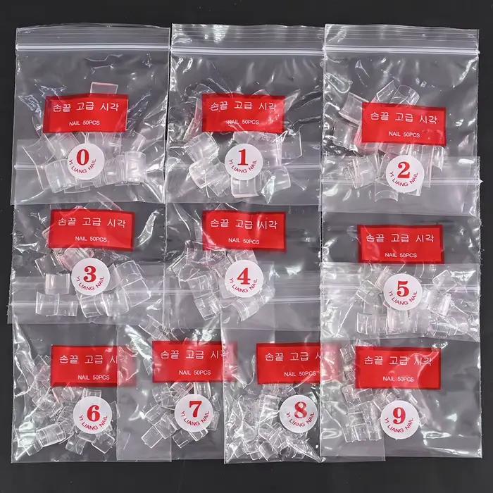 500 pièces/sac, faux ongles courts carrés, style French, demi-couverture, taille 10 (0-9), transpare