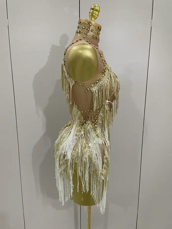 Stock 2025 femmes Sexy maille extensible brillant strass glands Mini robe discothèque chanteur danse