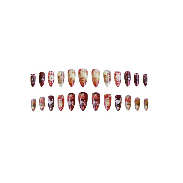 24 pièces fraise oeil de chat presse sur ongles japonais Vintage Style amande faux ongles mignon cha