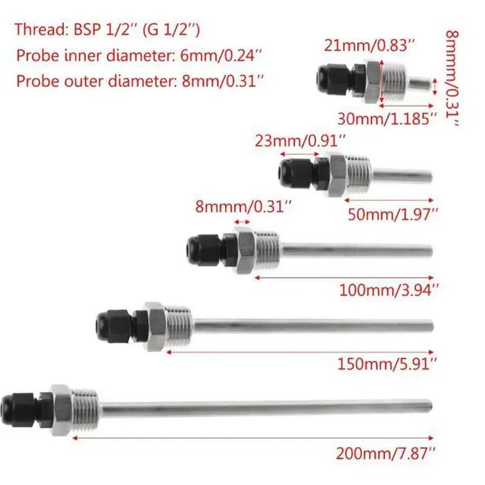 Poche thermométrique 304 en acier inoxydable 304, filetage 1/2 G, OD6mm, manchon d'immersion pour ca