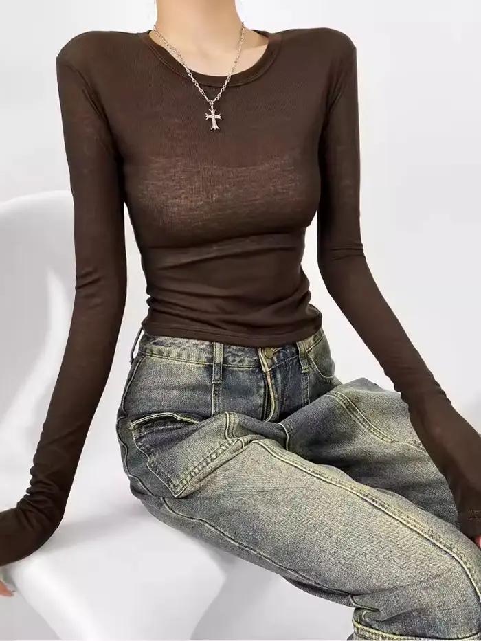 T-shirt semi-transparent à manches longues et col rond pour femme, coupe slim, printemps et été