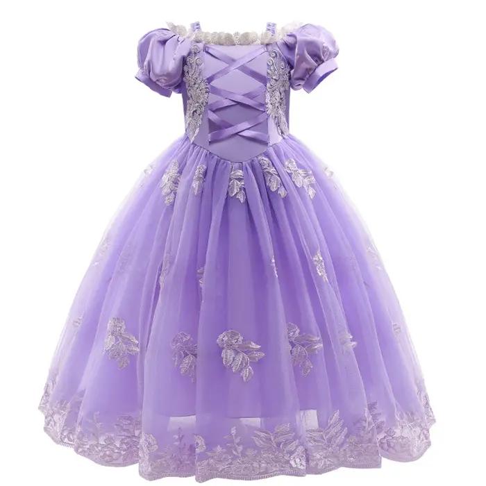 Robe de princesse Rapunzel d'été pour fille, costume Enfant Tangled, vêtements de luxe en maille vio
