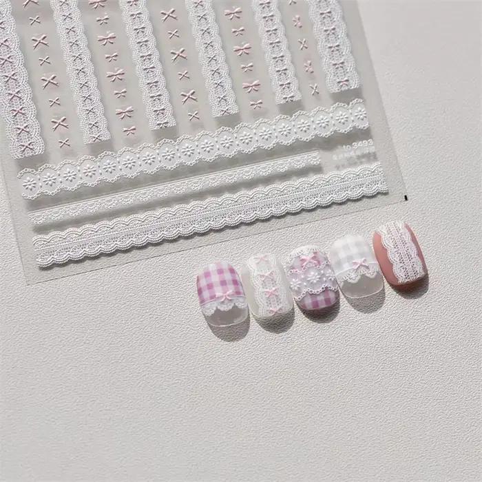 Autocollants en dentelle pour ongles, 1 pièce, motif cœur d'amour, rose, blanc, noir, auto-adhésif,