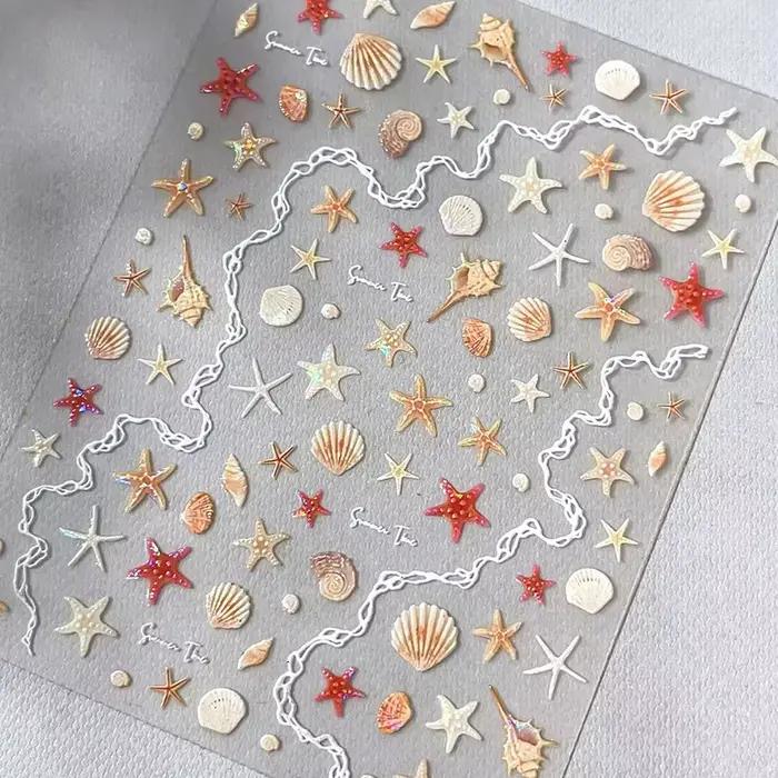 Autocollants pour ongles thème mer d'été, coquilles brillantes, étoile de mer, sirène, conque, plage