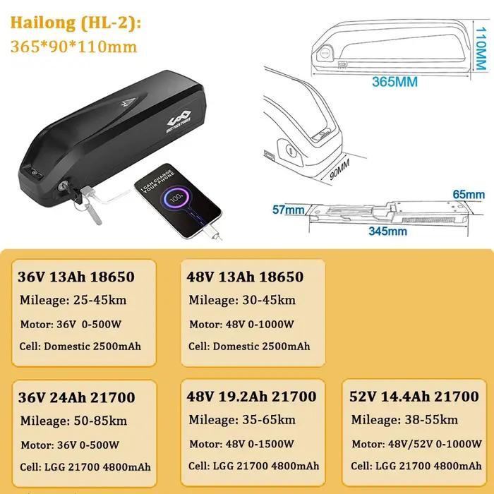 52V 17.5AH 21700 18650 batterie de vélo électrique 36V 48V 20AHHailong tube inférieur batterie de vé