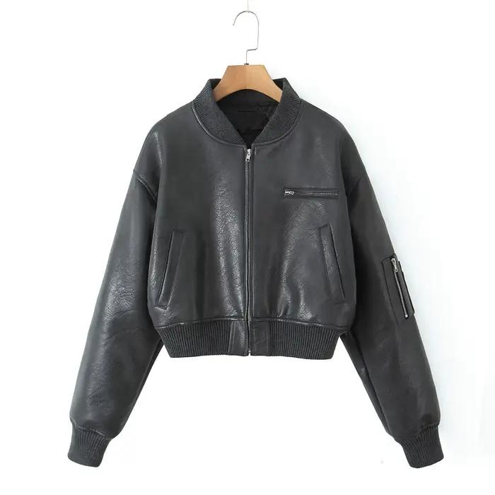 Y2K-Blouson en Cuir PU pour Femme, Col en V Côtelé, Manches sulf, Fermeture Éclair, Manteau Matelass