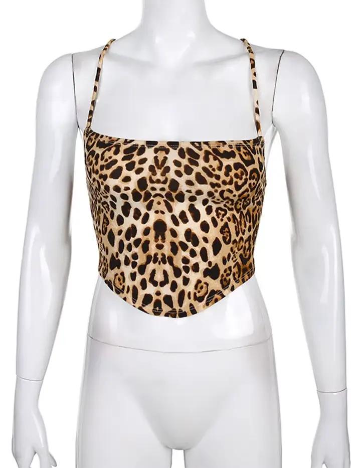Débardeur à motif léopard pour femmes, dos nu, Sexy, tenues Rave, sans manches, croisé, à lacets, Br