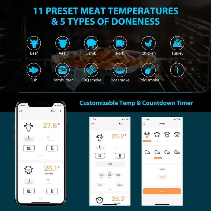 INKBIRD thermomètre à viande numérique avec 2 sondes externes affichage rétro-éclairé IHT-2PB lectur