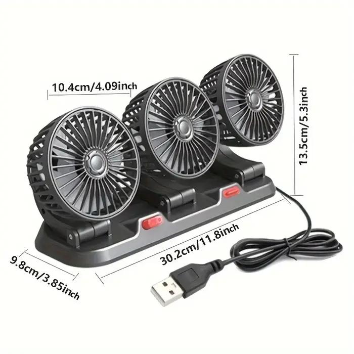 Ventilateur de voiture à trois têtes, USB, 3 vitesses réglables, rotation résistante à 360, adapté a