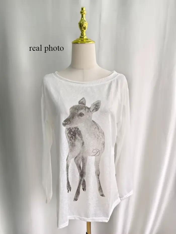 Kimotimo T-shirt Femme Été Imprimé Épaules Dénudées Manches Longues 2026 Nouveau Décontracté Transparent Ample Style Kpo