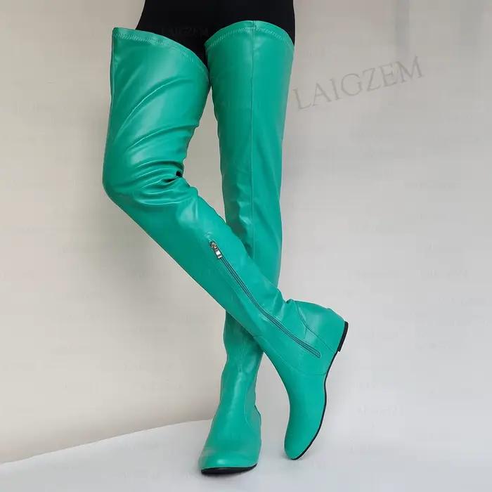 LAIGZEM femmes cuissardes en Faux cuir bout rond fermeture éclair latérale mi talons cachés bottes d