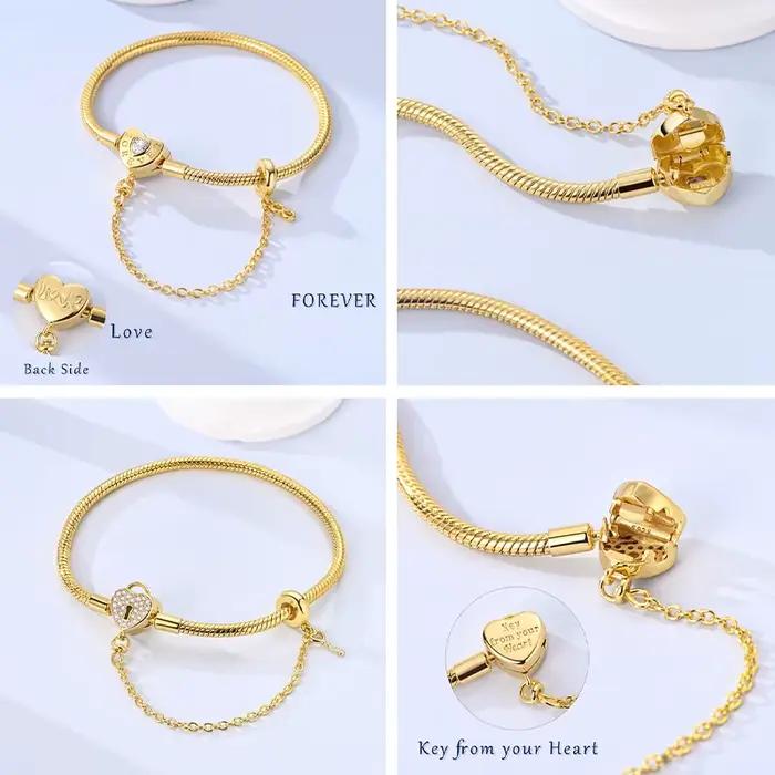 Bracelet cœur d'amour en or 17-20 cm, charme en argent sterling 925, bracelet de famille éternel, br