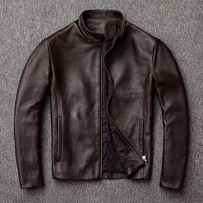 Veste en cuir véritable pour homme, coupe slim, col montant, première couche de cuir de vachette, vê