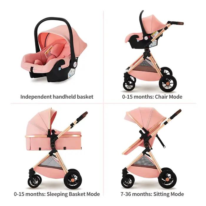 Poussette 3 en 1 pour bébé, avec poignée réglable, landau de voyage avec sacs pour maman, filet pour