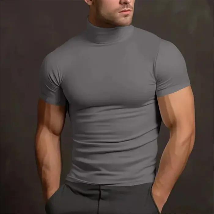 Chemise mode homme été 2024 col roulé serré manches courtes couleur unie design bascule pour hommes occassions semi-formelles sorties décontractées