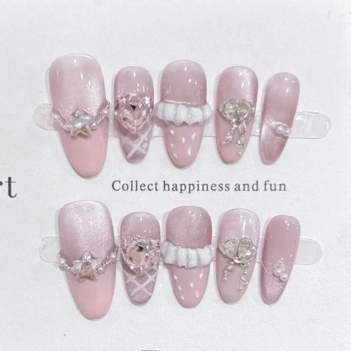 10 pièces violet oeil de chat fait à la main faux ongles conseils paillettes mi-longue ovale presse