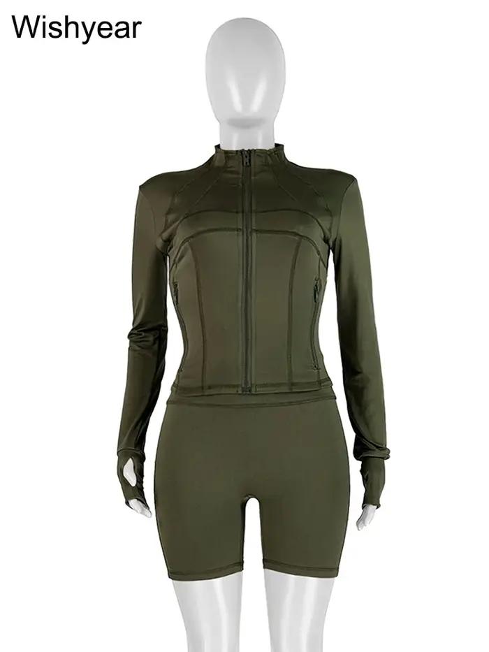 Ensemble de survêtement vert pour femme, veste zippée à manches longues, haut et short, tenue de jogging de fitness décontractée, 2 pièces, printemps et automne, ventes