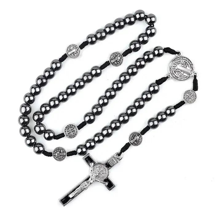 Chapelet catholique, ornement de voiture, perle d'hématite noire, médaille de Saint benoît, croix de