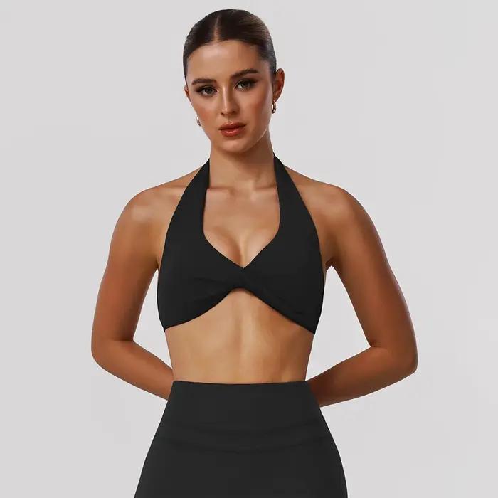 Soutien-gorge de sport pour femme, dos nu, style halter torsadé, col en V, rembourré, couleur unie,