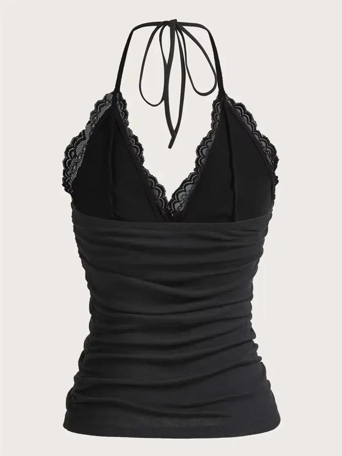 Goth Grunge Punk noir dentelle Patchwork haut à licou femmes été solide froncé dos nu sans manches d