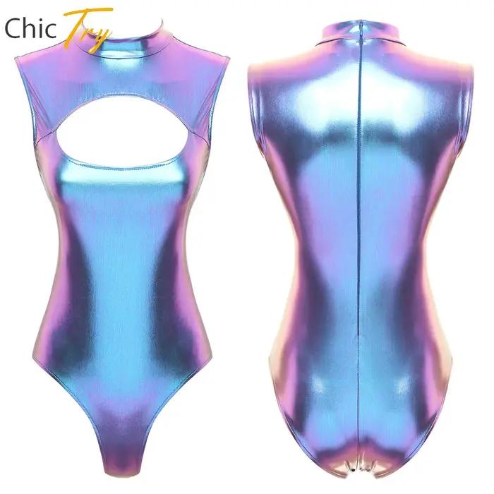 Maillot de bain une pièce pour femmes, vêtements de sport, body découpé métallique, Costume de spect
