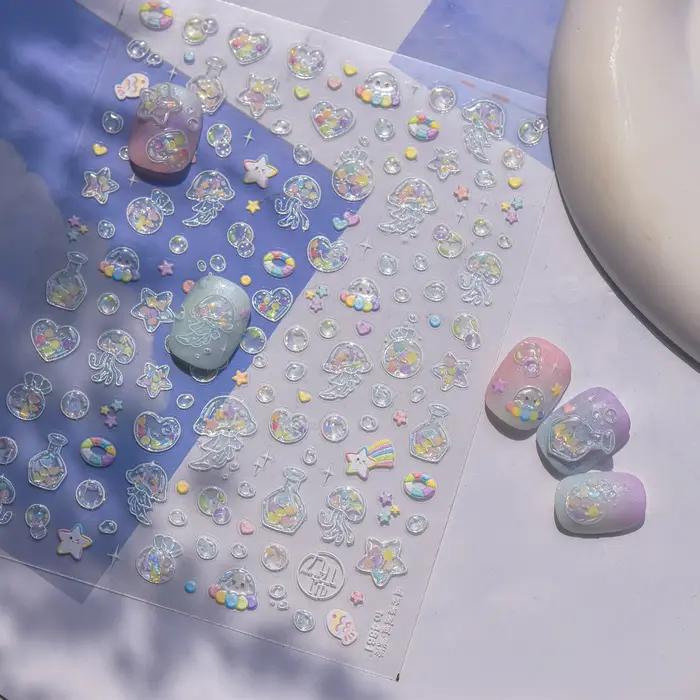 Bulles brillantes étoiles rêveur océan coquille conque étoile de mer méduse coloré 5D Nail Art autoc