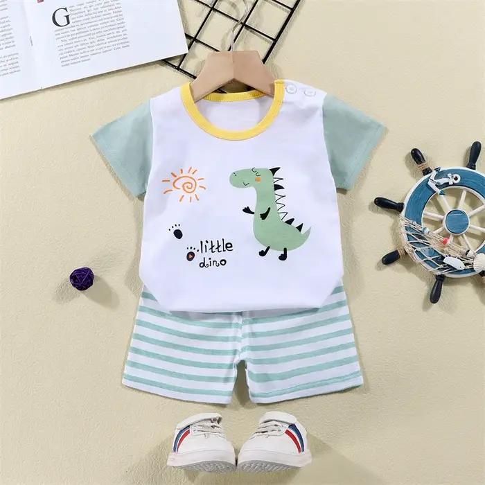 Ensemble de survêtement 2 pièces en coton t-shirts + shorts pour enfants, costume d'été imprimé dino
