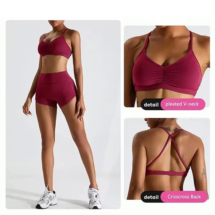 Soutien-gorge de sport sexy froncé pour femme, haut de gym, haut de course à dos croisé, vêtements d