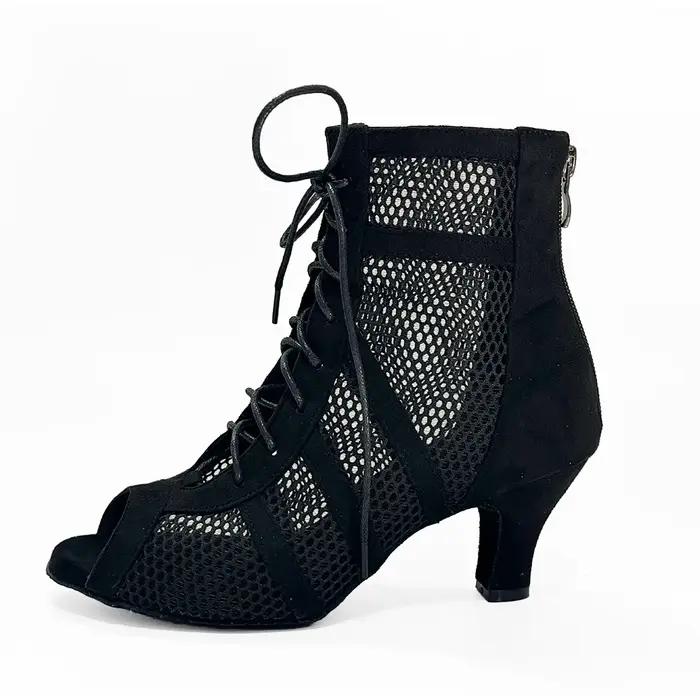 Bottines de danse à fermeture éclair pour femmes, chaussures de danse en cuir suédé noir pour Salsa