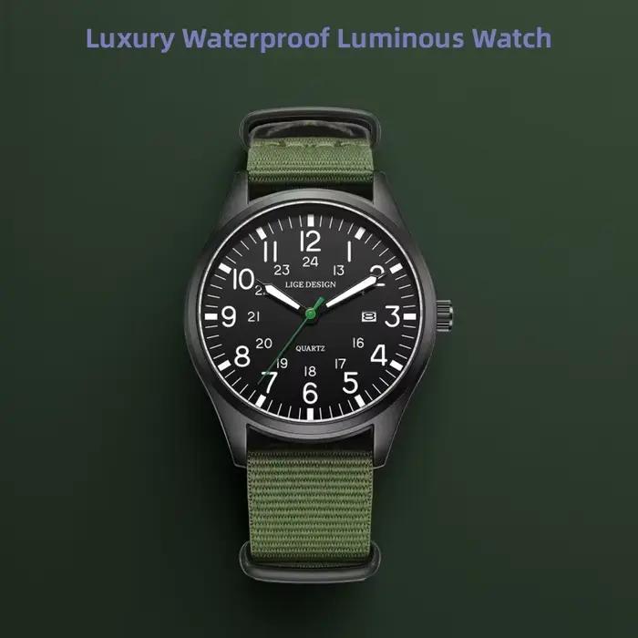 LIGE Top marque de luxe hommes montre à Quartz Date Nylon cuir étanche lumineux militaire sport mont