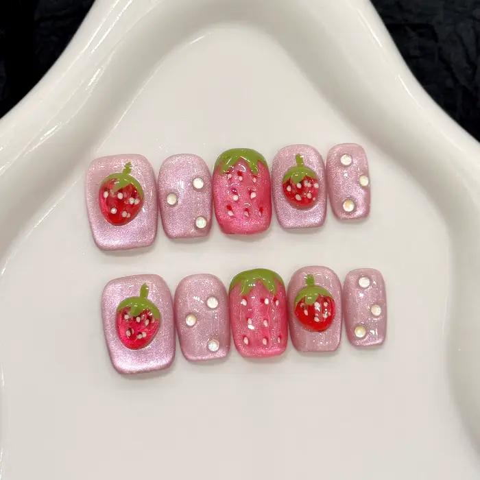10 pièces mignon rouge fraise presse sur ongles rose nœuds papillon fleur perle décor français à la