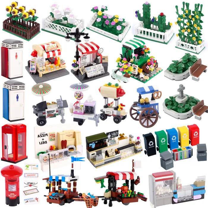 MOC – blocs de construction de stand de nourriture, boîte d'appel, toilettes, vue sur la rue, Pizza,