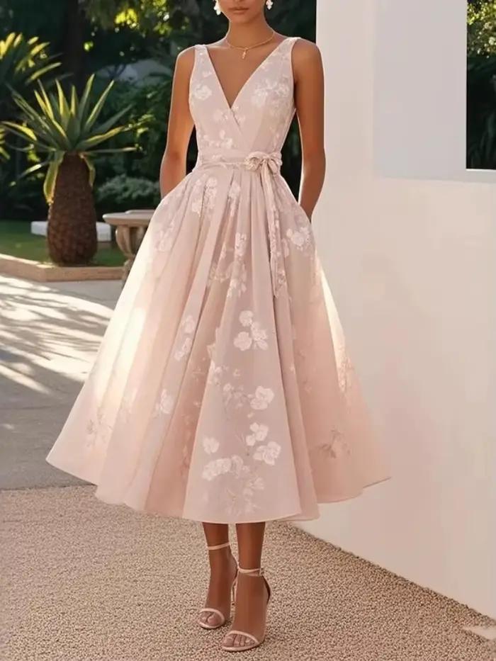 Robe longue élégante imprimée à col en V, sans manches, en maille, avec nœud à la taille, pour femme