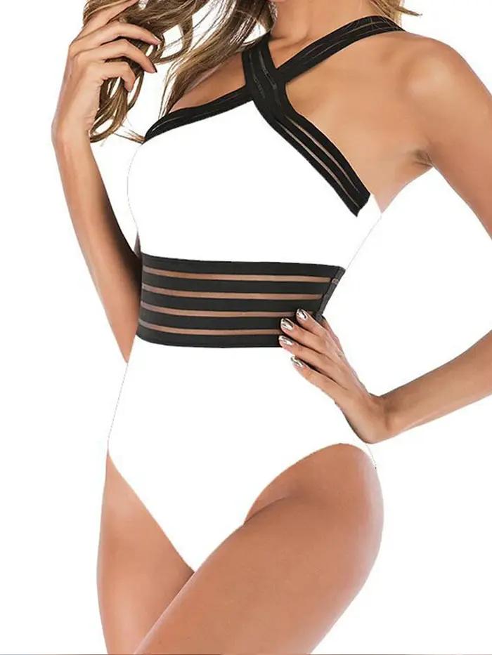 Maillot de bain une pièce avec bande en maille unie, Sexy, col haut, croisé sur le devant, rembourré
