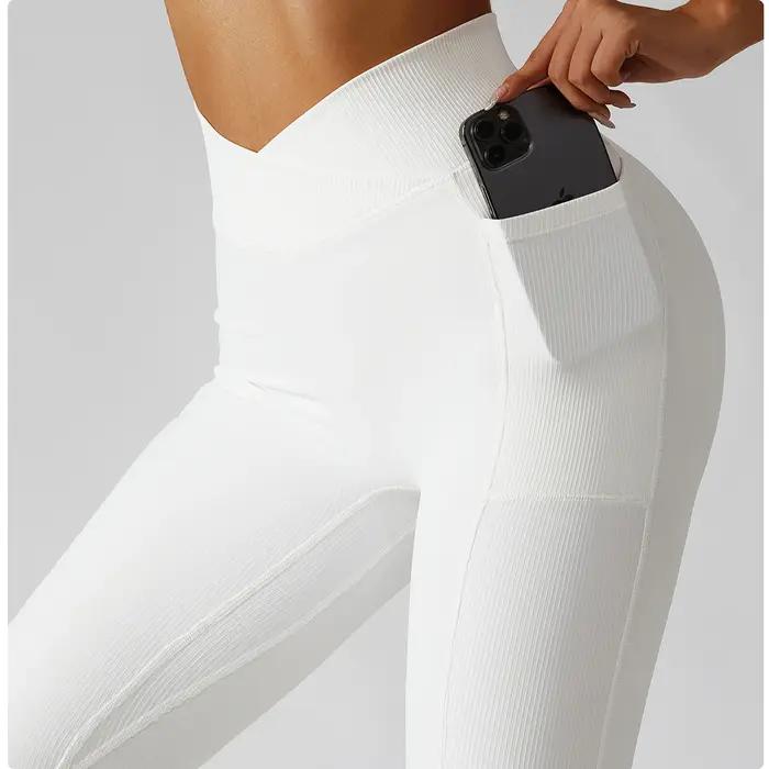 Pantalon de Yoga côtelé de couleur unie pour femmes, poches croisées, taille haute, Leggings de Fitn
