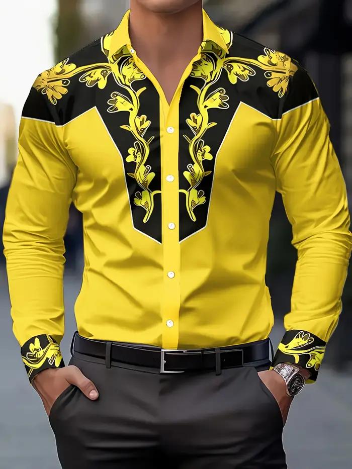 2025 Chemise à manches longues à imprimé floral pour hommes Décontracté Slim Fit Streetwear Chemise