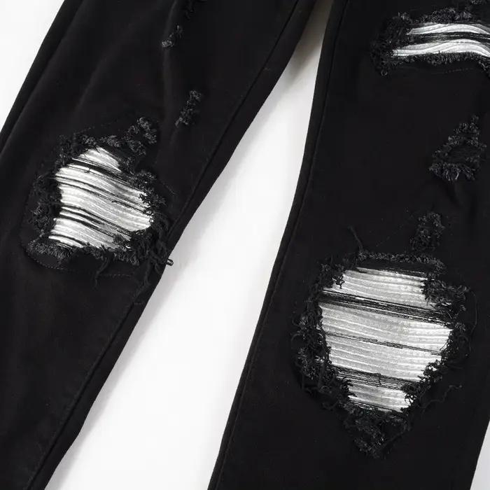 Jean de motard en cuir fissuré pour homme, pantalon en Denim Stretch, effilé, déchiré, Patchwork noi