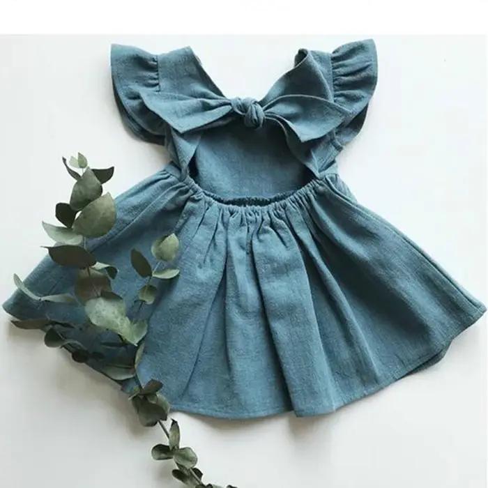 Robe d'été Style coréen pour petites filles, manches volantes, en coton et lin, tenue princesse pour