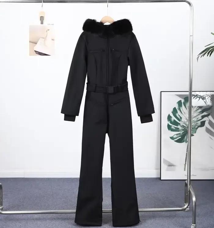 Combinaison de ski imperméable pour femme, tenue d'hiver à capuche, combinaison une pièce avec ceint