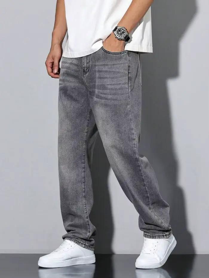 Jean gris slim droit pour hommes, design droit et simple, adapté à un usage quotidien en toutes sais