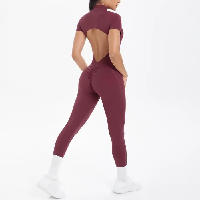 Combinaison de Fitness à manches courtes pour femmes, body dos nu, couleur unie, froissé, une pièce,