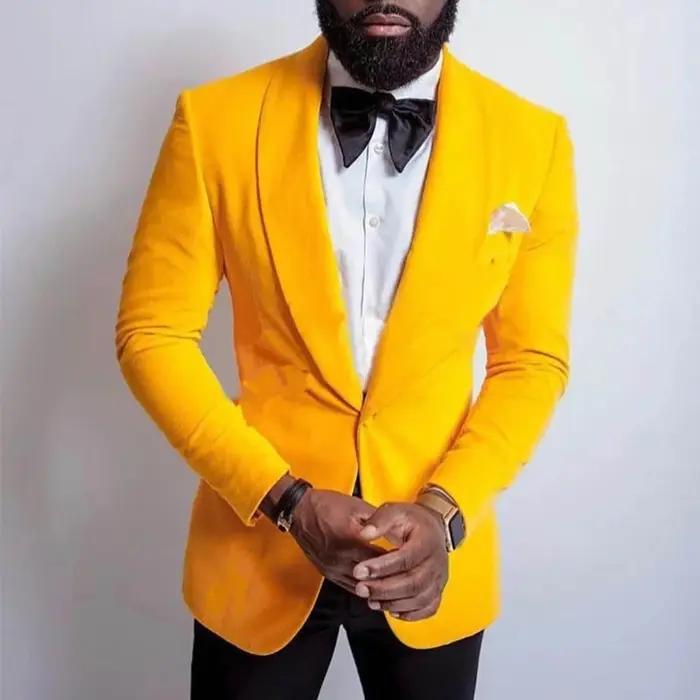 Velours jaune hommes costume veste une pièce bal Blazer pour mariage garçons d'honneur châle revers