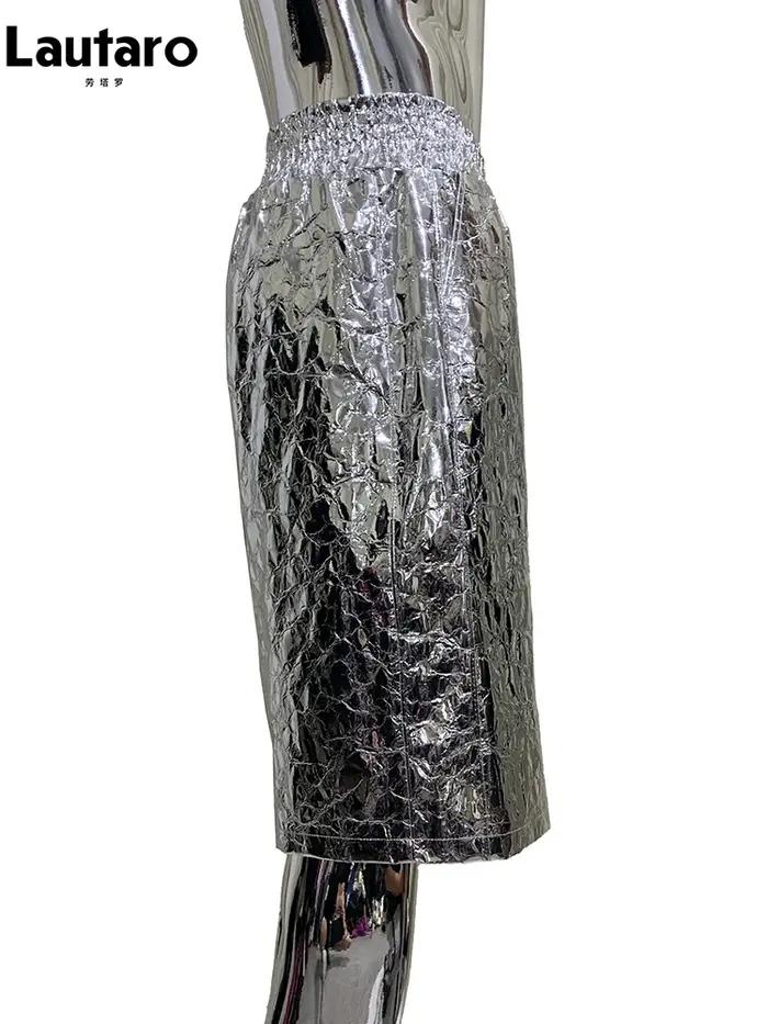 Lautaro été automne brillant argent Faux cuir Shorts pour hommes avec taille haute élastique Y2K Str