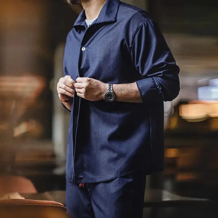 Maden-Chemise en Denim à Manches sulfet Col Rabattu pour Homme, Manteau de Printemps Bleu, Vêtement