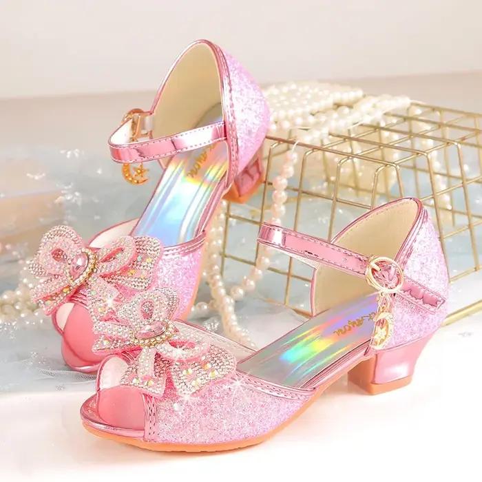 Sandales d'été à talons pour filles, chaussures à paillettes brillantes avec strass, chaussures de d