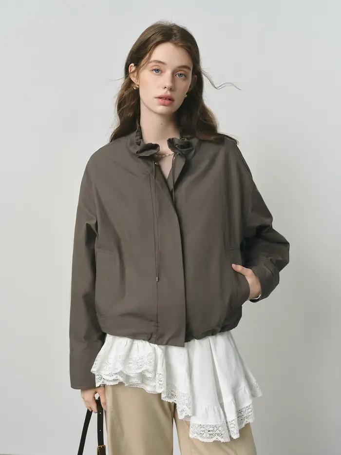 FSLE 2025 Veste utilitaire vintage pour femme - Manteau court d'automne décontracté à manches bouffa