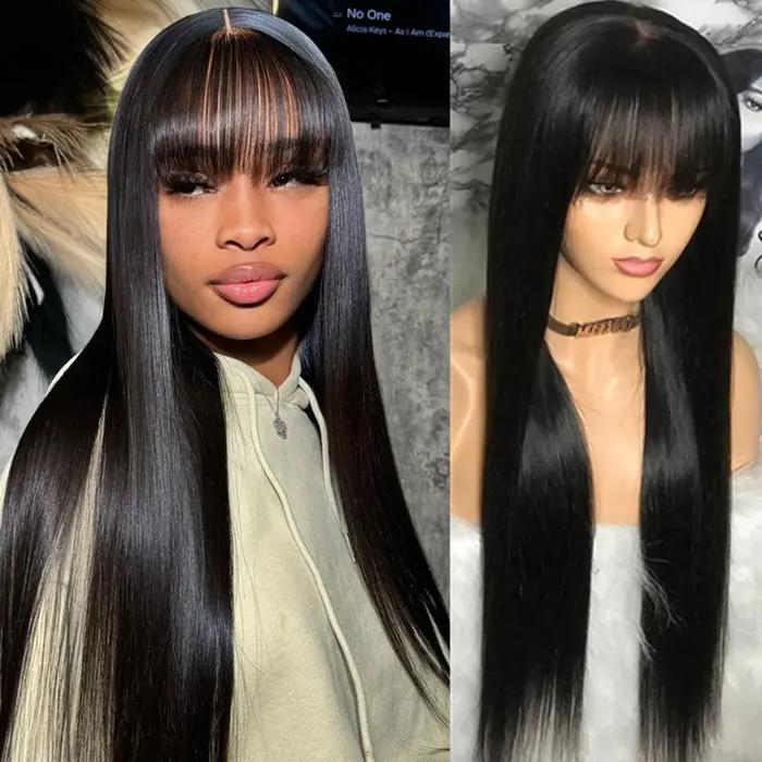 30 34 pouces droite 3x1 partie centrale dentelle perruque de cheveux humains avec frange pour les fe