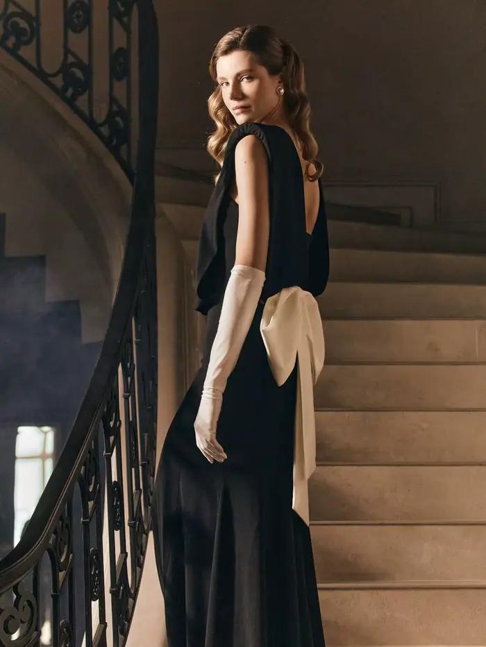 Robe de soirée sirène noire fluide sans dos pour femme, robe de bal longue sans manches avec nœud bl